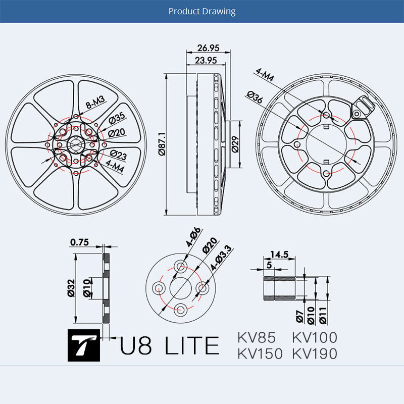 U8 Lite Efficiency Type Multirotor UAV Motor KV85 KV100 KV150 KV190